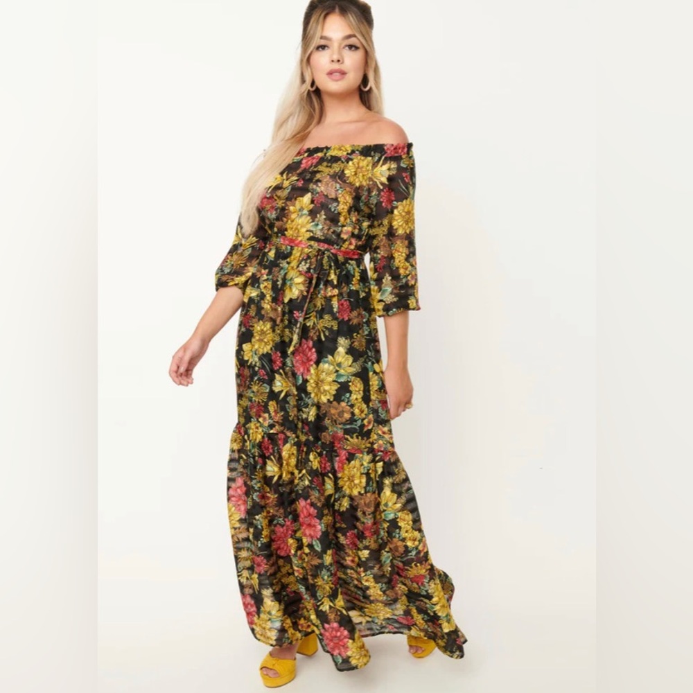 Unique Vintage Black Floral Off-Shoulder Maxi Dress